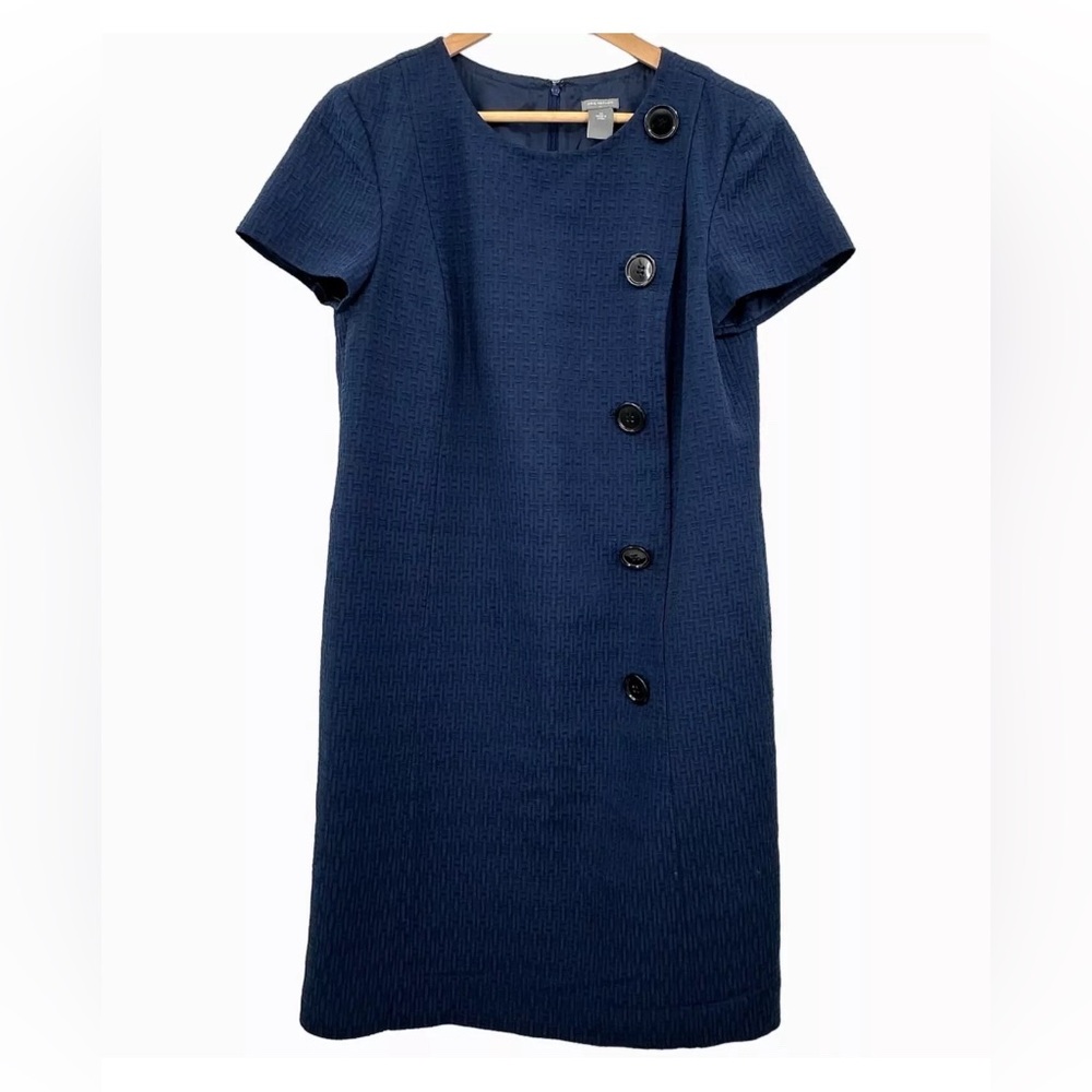 Ann Taylor Navy Blue  Jackie O mod style jacquard dress.  Midi size 12 Sheath.